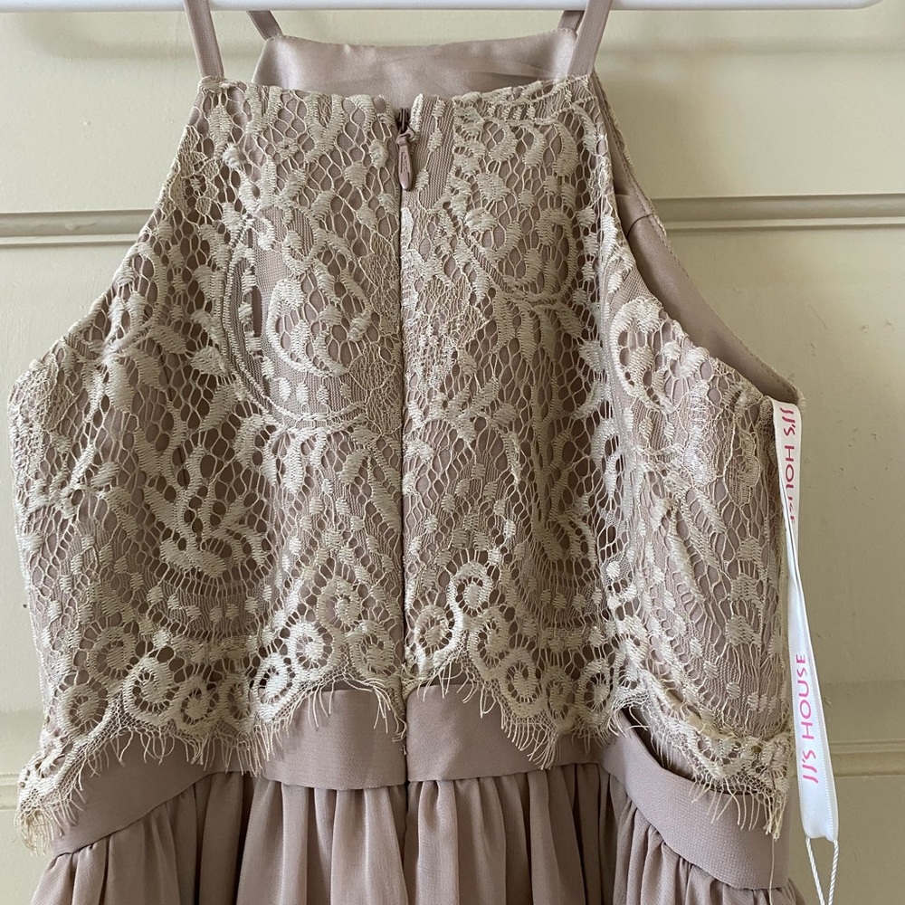 JJs House Taupe A-Line High Neck Floor-Length Chiffon and Lace Dress - Picture 5 of 5